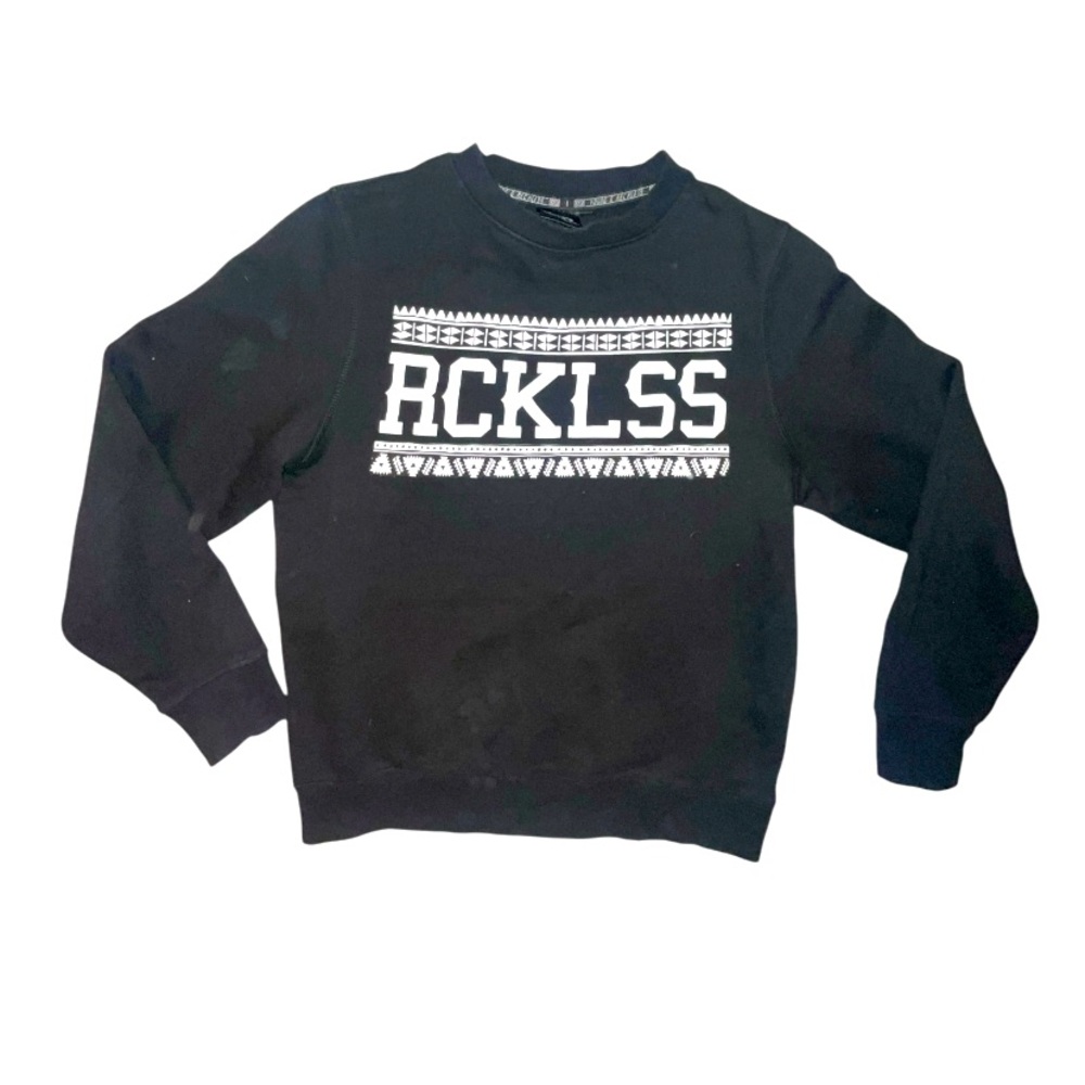Young & Reckless Y2K Black Crewneck Pullover Sweatshirt White Print On Front Med